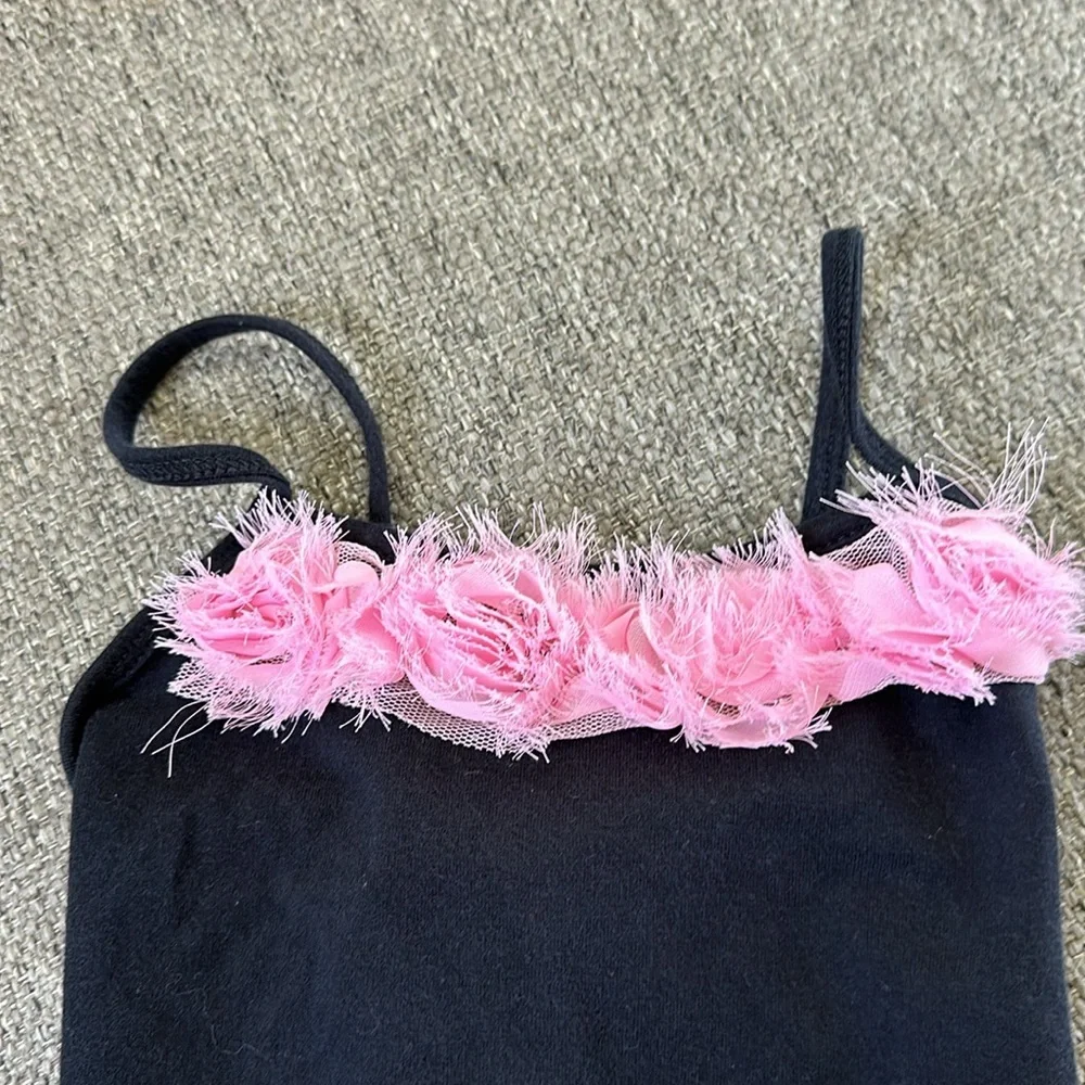 Reflectionz Girls Black Leotard Pink Flowers Trim Size 6